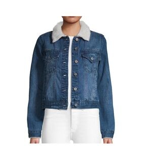 C&C California Blue Jean Jacket with White Faux Fur Collar